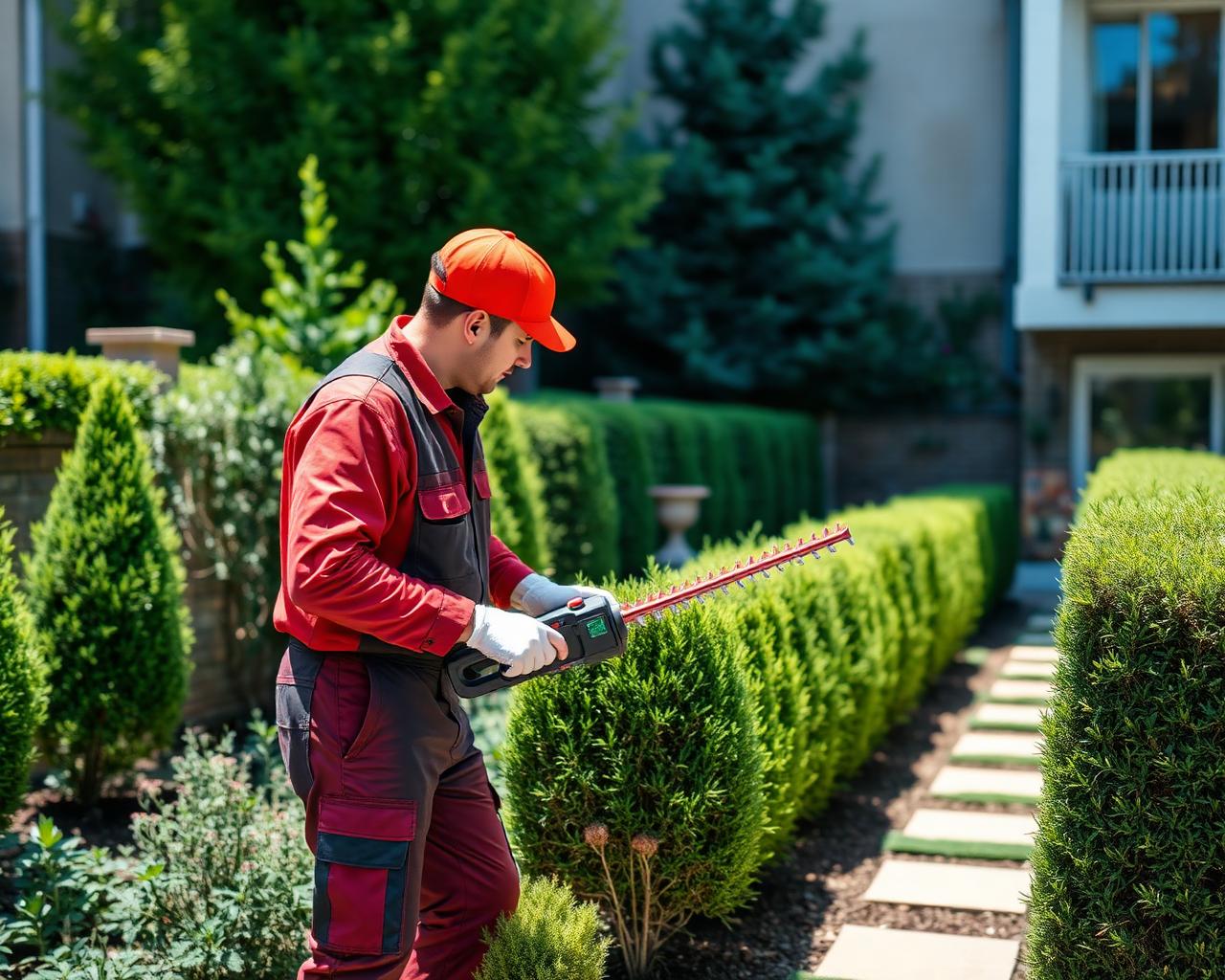 VANMAN-Mitarbeiter schneidet eine Hecke an der Außenanlage eines Frankfurter Wohnhauses
